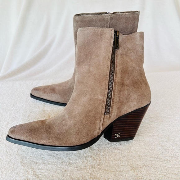 SAM EDELMAN JANE BLOCK HEEL TAN SUEDE LEATHER SNIP TOE ANKLE BOOTS SIZE 8.5 NWT - Picture 6 of 11